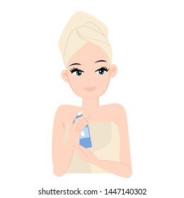 Female apply body lotion. Vector illustration.