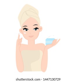 Female apply soft cream on face. Skin care concept. Vector illustration.