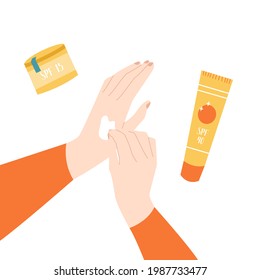 Female applying sunscreen product on hand skin. Sunblock lotion, oil, gel, moisturizer, spray. UV protection, skin care with SPF. Vector flat cartoon illustration