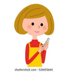 The female of the apron who operates a mobile phone