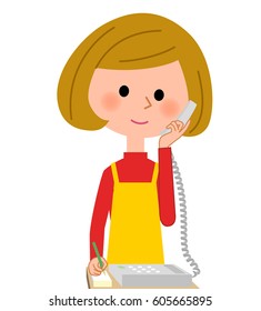 The female of the apron who speaks by telephone