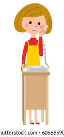 The female of the apron who speaks by telephone