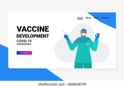 female arab doctor in medical mask holding syringe and bottle vial coronavirus vaccine development fight against covid-19 concept horizontal portrait vector illustration