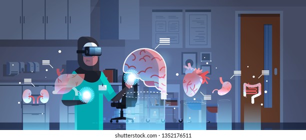 female arab doctor wearing digital glasses touching virtual reality brain human organs infographic anatomy medical vr headset vision concept hospital office interior portrait horizontal