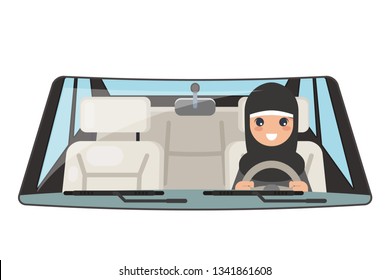 Female arab driver vehicle interior car wheel ride driving isolated design flat vector illustration