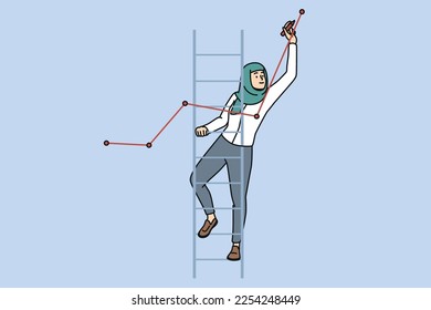 Female Arabic employee in hijab standing on ladder drawing graph or chart. Woman worker paint develop financial report or statistics showing progress. Vector illustration. 