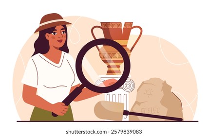 Female archaeologist concept. Woman with magnifying glass evaluates ancient vase History and archeology. Antique jewelry and Fossil. Scientific research. Flat vector illustration