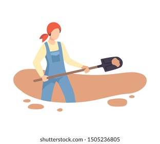 Female Archaeologist Digging Soil with Shovel, Scientist Working on Excavations Flat Vector Illustration