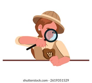 female archaeologist holding magnifying glass investigating dinosaur bones.