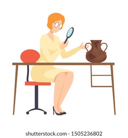 Female Archaeologist Researching Ancient Amphora with Magnifier, Scientist Character Working on Excavations with Historical Artifacts Flat Vector Illustration
