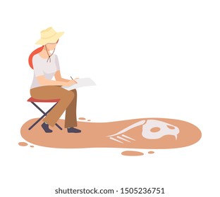 Female Archaeologist Researching and Describing Bones of Prehistoric Animal, Scientist Character Working on Excavations with Historical Artifacts Flat Vector Illustration