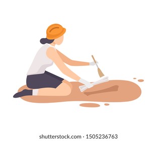 Female Archaeologist Sitting on Ground and Sweeping Dirt from Bone of Skeleton Using Brush, Paleontology Scientist Character Working on Excavations with Historical Artifacts Flat Vector Illustration