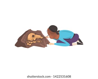 Female Archaeologist Sweeping Dirt from Bones of Skeleton Using Brush, Paleontology Scientist Working on Excavations Vector Illustration