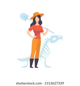 Female Archaeologists or Paleontologist Character Standing with Shovel Vector Illustration