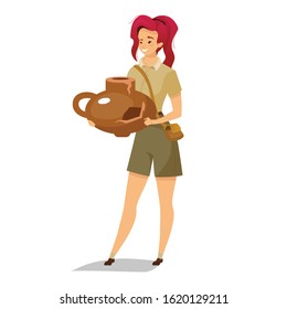 Female archeologist flat color vector illustration. Woman with ancient artifact. Person with historical finding. Damaged pottery discovery. Researcher isolated cartoon character on white background