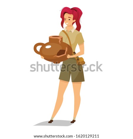 Female archeologist flat color vector illustration. Woman with ancient artifact. Person with historical finding. Damaged pottery discovery. Researcher isolated cartoon character on white background