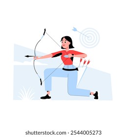 Arqueiro Feminino Em Ação Com Arco E Seta Em Ilustração De Vetor Plano Simbolizando A Habilidade, Precisão E Determinação Do Arco, Isolado No Fundo Branco