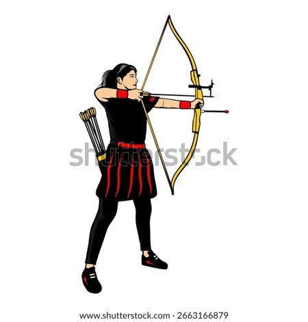 female archer aiming arrow side view vector illustration