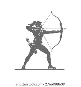 Female archer aiming a bow and arrow, rendered in a creative black and white halftone dot pattern vector style for sports and outdoor concepts. Professional woman athlete in archery pose with quiver and bow, featuring a retro halftone stipple effect isolated on a white background. Halftone silhouette of a female hunter drawing a bow, representing precision, focus, and competitive target shooting sports.