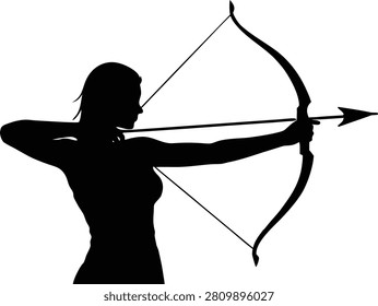Female archer aiming with a bow and arrow archery, arrow, black, bow, cupid, girl, profile, shoot, woman