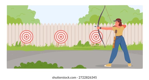 Arqueiro fêmea visando vários quadros de alvo ao ar livre, de pé na grama com arco e setas, cerca de madeira e árvores verdes no fundo, ilustração de vetor de atividade de treinamento