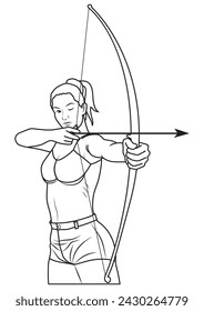 A female archer aiming something in outline and vector format.