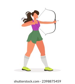 Arquero femenino con arco y flecha apuntando al toro y listo para disparar. Actividades de ocio con tiro con arco. Ilustración vectorial plana aislada en fondo blanco