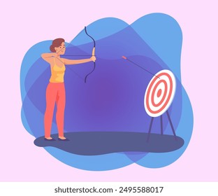 Arquero femenino con arco y flecha apuntando al objetivo. Práctica de tiro con arco o entrenamiento para mujer, jugador practicando tiros de Ilustración vectorial plana. Tiro con arco, deportes, concepto de competición