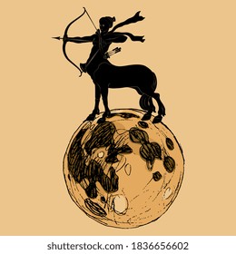 Arquero centaur de pie sobre luna llena y arco de tiro. Concepto mitológico creativo.