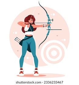 La arquera está tirando del arco y lista para disparar. Ilustración del vector