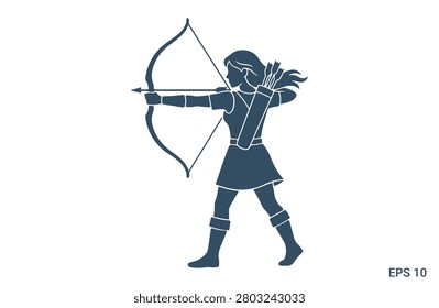 Female archer silhouette with bow and arrow aiming target woman warrior hunter vector illustration