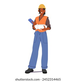 Female Architect or Construction Worker Character Stands with Blueprint Roll In Hand, Ready To Bring Architectural Visions To Life With Skill And Determination. Cartoon People Vector Illustration
