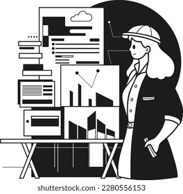 Female architect designing a house illustration in doodle style isolated on background