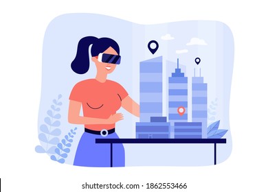 Female Architect Engineer Building 3d City Model In Digital Glasses Flat Vector Illustration. Cartoon Character Modeling Office Houses On Table Via VR. Construction And Headset Vision Concept