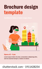 Female architect engineer building 3d city model in digital glasses flat vector illustration. Cartoon character modeling office houses on table via VR. Construction and headset vision concept