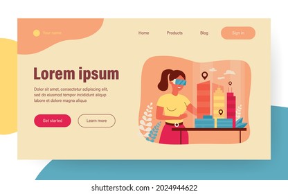 Female architect engineer building 3d city model in digital glasses flat vector illustration. Cartoon character modeling office houses on table via VR. Construction and headset vision concept