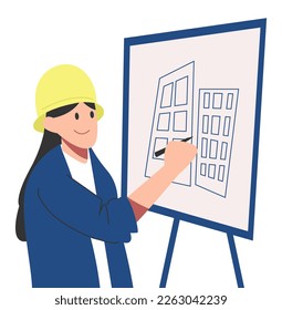 arquitecta femenina, ingeniera dibujos de diseño de dibujo. usando un sombrero duro. diseño gráfico vectorial plano.
