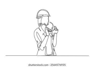 Female architect engineer worker in continuous one line drawing design. Female civil engineer or architect. Editable vector.  