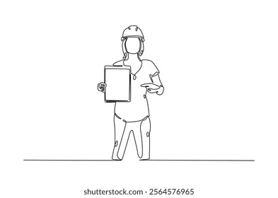 Female architect engineer worker in continuous one line drawing design. Female civil engineer or architect. Editable vector.  