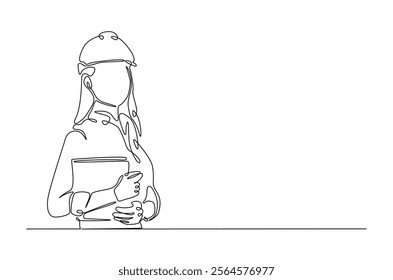 Female architect engineer worker in continuous one line drawing design. Female civil engineer or architect. Editable vector.  