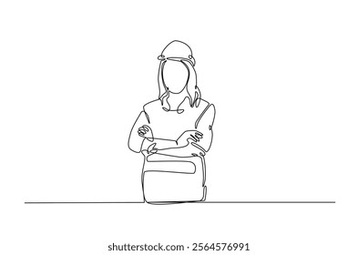 Female architect engineer worker in continuous one line drawing design. Female civil engineer or architect. Editable vector.  