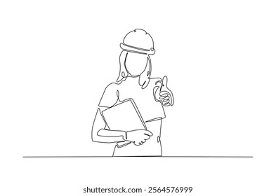 Female architect engineer worker in continuous one line drawing design. Female civil engineer or architect. Editable vector.  