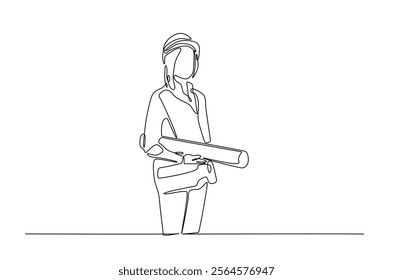 Female architect engineer worker holding blueprint in continuous one line drawing design. Female civil engineer or architect. Editable vector.  