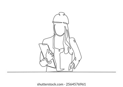 Female architect engineer worker holding blueprint in continuous one line drawing design. Female civil engineer or architect. Editable vector.  