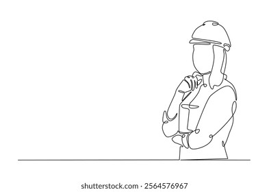 Female architect engineer worker holding paper in continuous one line drawing design. Female civil engineer or architect. Editable vector.  