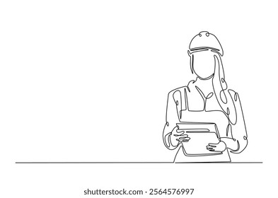 Female architect engineer worker holding paper in continuous one line drawing design. Female civil engineer or architect. Editable vector.  