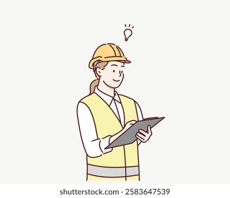 female architect engineer worker standing write business note on paper at clipboard wearing safety helmet. Hand drawn style vector design illustrations.