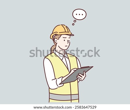 female architect engineer worker standing write business note on paper at clipboard wearing safety helmet. Hand drawn style vector design illustrations.