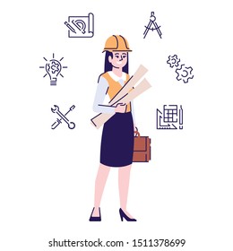 Female architect flat vector illustration. Construction project professional engineer with blueprint cartoon illustration with outline. Woman contractor holding building plans isolated on white