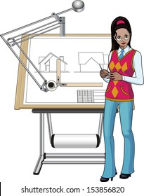 Female architect of indian race presenting her blueprint
